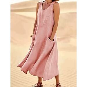 Sleeveless 100% Cotton Midi Dress with Pockets Pink Red size 14